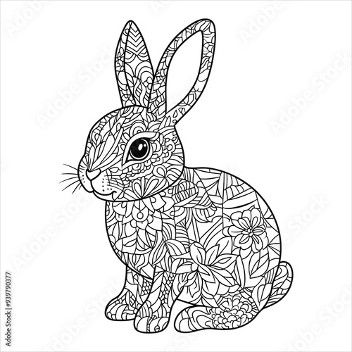 rabbit in doodle style. Line art design for antistress coloring pages in Zen tangle style. animal illustration.