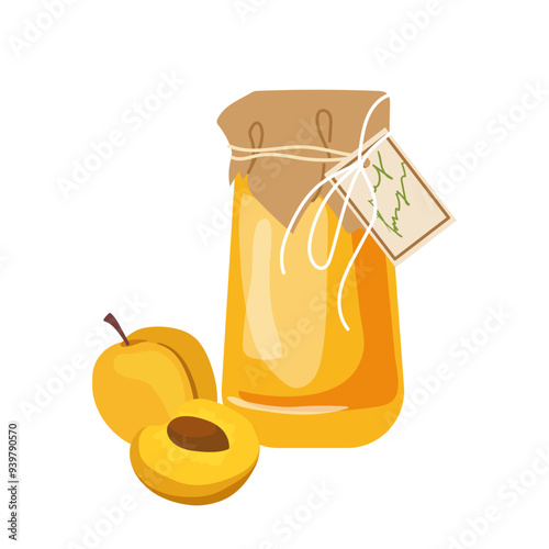 Glass jar with apricot jam under lid and fresh fruit harvest cartoon grocery vector illustration