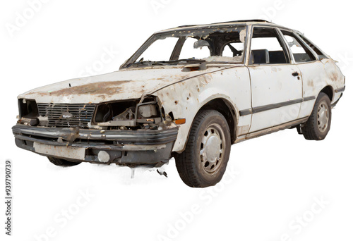 An abandoned rusted car isolated on white background with clipping path.