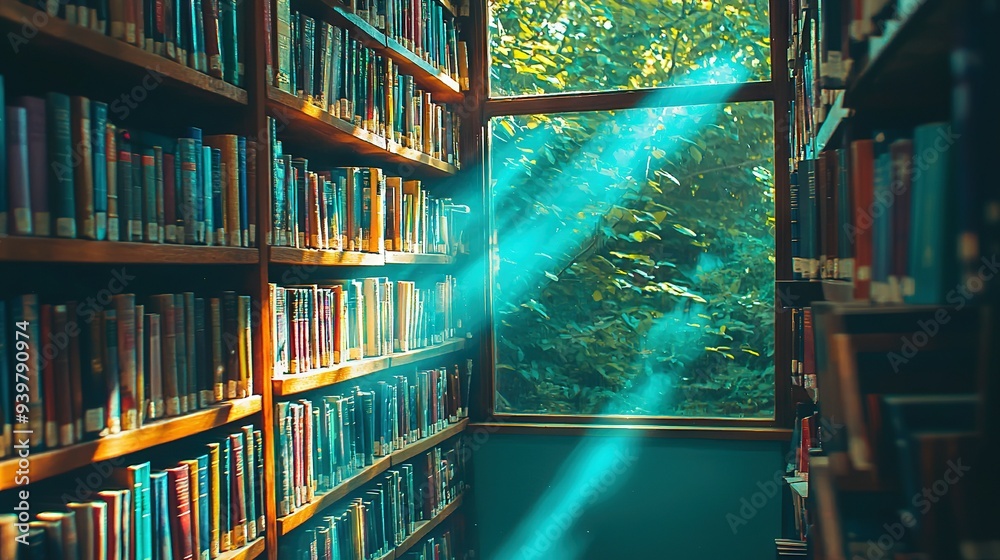A bookshelf brimming with books flanks a window boasting a panoramic view of the enchanting forest beyond A bookshelf brimming with books flanks a window boasting a panoramic view of the enchanting forest beyond
