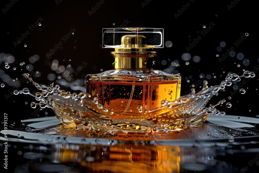 A studio shot of a perfume bottle with water droplets against a black background, conveying a sense of freshness and sophistication for an advertisement.