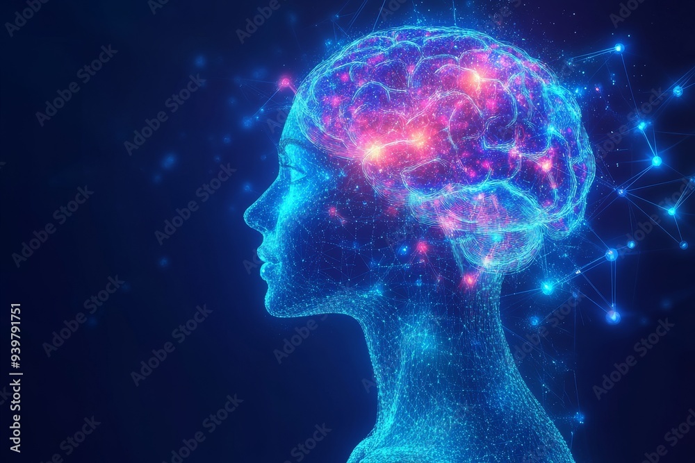 Profile of a woman with a glowing blue brain symbolizing the clarity and complexity of human thought in a modern conceptual environment Profile of a woman with a glowing blue brain symbolizing the clarity and complexity of human thought in a modern conceptual environment