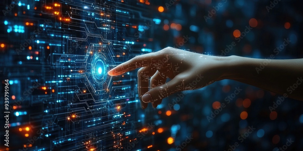 Digital Interaction - A Hand Reaching for a glowing Interface Digital Interaction - A Hand Reaching for a glowing Interface