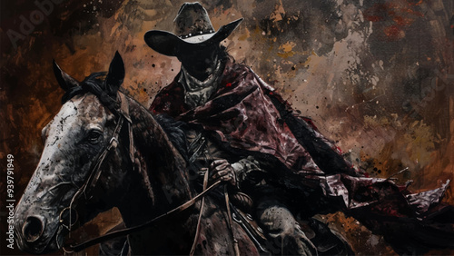 Cowboy in a Hat and Cape on Horseback Oil on Canvas Illustration Western Frontier Lone Rider Desert Landscape Wild West Adventure Horseback Riding Traditional Western Attire Rugged