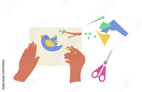 Human hands making bird applique on paper artwork at creative class isolated on white background