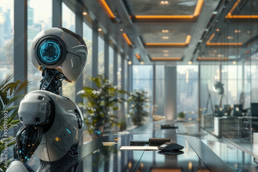 A futuristic office with a robotic assistant and smart glass walls, symbolizing automation and efficiency in the workplace. A futuristic office with a robotic assistant and smart glass walls, symbolizing automation and efficiency in the workplace.