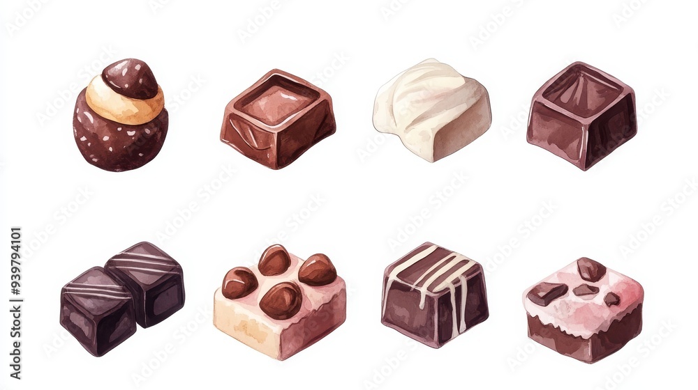 Chocolate collection. White background. Watercolor illustrations set Chocolate collection. White background. Watercolor illustrations set