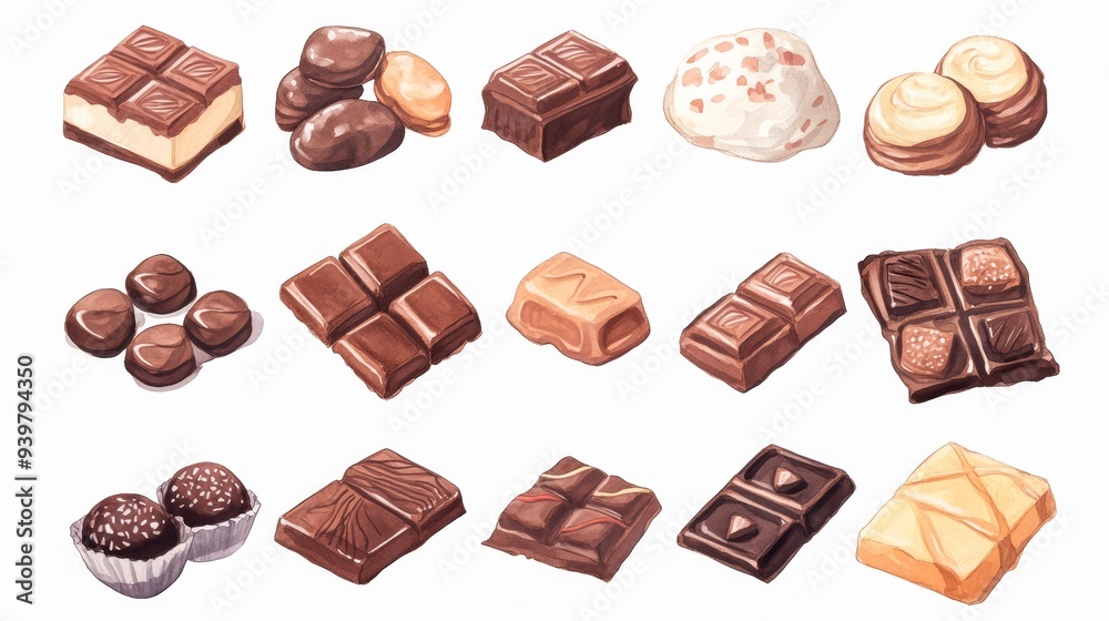 Chocolate collection. White background. Watercolor illustrations set Chocolate collection. White background. Watercolor illustrations set