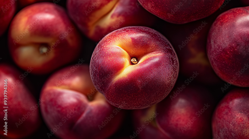 Ripe nectarines with their deep colors and skin texture are in focus in this image.