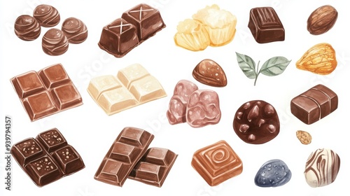 Chocolate collection. White background. Watercolor illustrations set