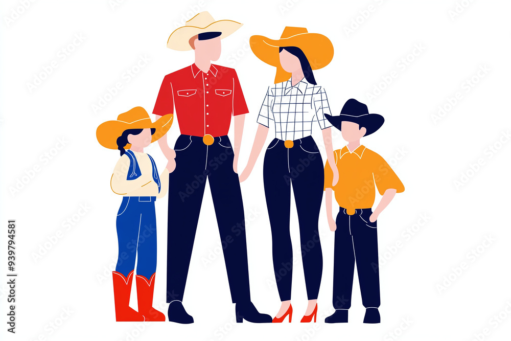 olorful vector illustration of a family in cowboy attires, isolated on white olorful vector illustration of a family in cowboy attires, isolated on white