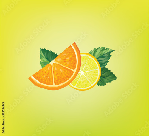 Fresh fruits with mint leaves. Fresh orange, mandarin, lemon slice pieces. Vector citrus food background with fruits juice drink.