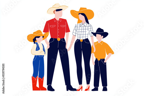 olorful vector illustration of a family in cowboy attires, isolated on white photo