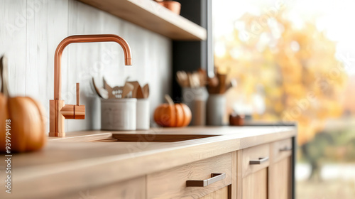 Inviting kitchen with copper fixtures, warm-toned wood cabinets, and seasonal decor like pumpkins and dried leaves, interior design, fall hues, rustic elegance