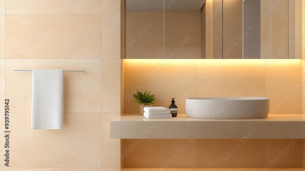 Luxurious bathroom with warm beige tiles, neutral marble countertops, and soft ambient lighting, interior design, warm hues, tranquility Luxurious bathroom with warm beige tiles, neutral marble countertops, and soft ambient lighting, interior design, warm hues, tranquility