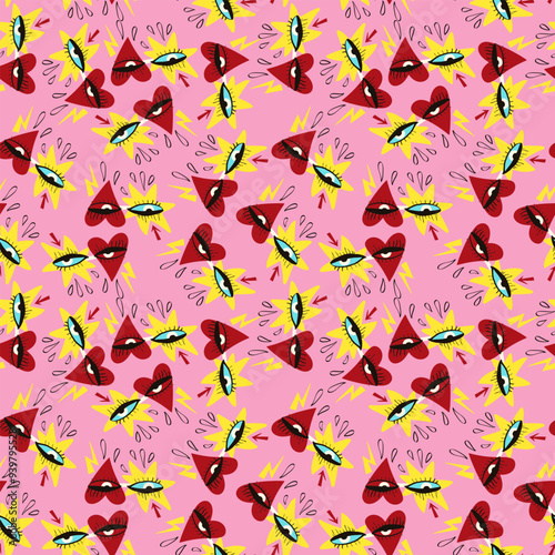 Valentine pattern with magical mystical spiritualistic symbol of the Freaky bizarre eyes in retro glasses