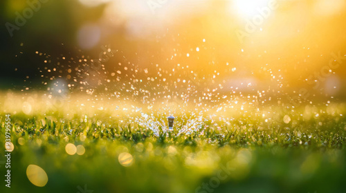 Sprinklers water the lawn on a bright day. The system automatically waters the grass.