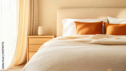 Minimalist bedroom with soft beige walls, accentuated by warm wooden furniture and subtle orange decor, interior design, warm colors, serenity