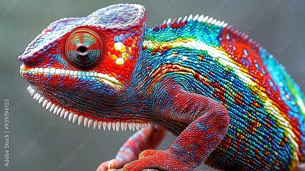 Obraz premium A focused shot of a vibrant chameleon perched on a limb against a hazy background