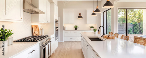 Open-concept kitchen with neutral cabinetry and warm wood floors, bathed in natural light, creating an inviting cooking space, interior design, warm hues, hominess photo