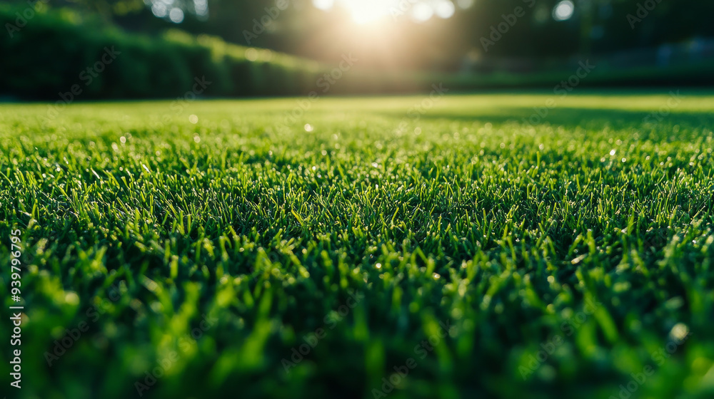 Verdant lawn with freshly cut grass. Green grass field in spring. Close-up of park grass after mowing. Sports turf surface for playing games. Beautiful nature backdrop.