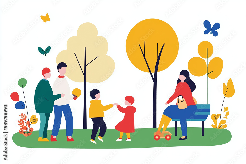Fototapeta premium colorful illustration of a happy family at the park, isolated on white background