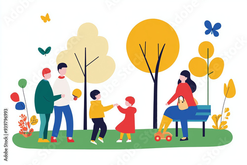 colorful illustration of a happy family at the park, isolated on white background photo