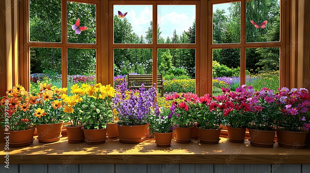 Potted plants on window sill with bench in background Potted plants on window sill with bench in background