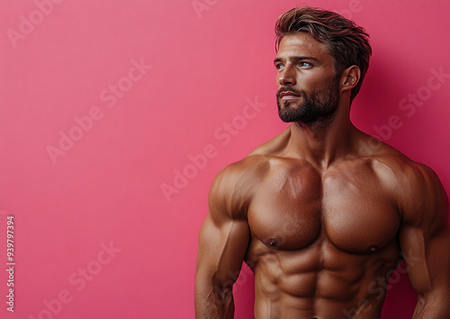 bodybuilder man on solid color background. gym or health concept. Space for text