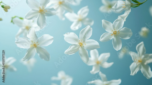 White jasmine blossoms floating in the air, creating a mesmerizing display.