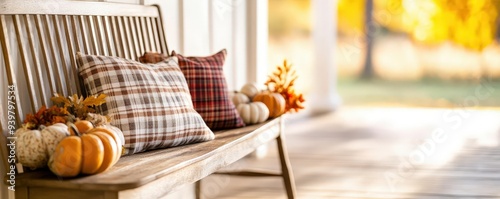 Transitional entryway with warm fall colors, featuring a rustic bench, plaid pillows, and seasonal decor like gourds and foliage, interior design, fall aesthetics, welcoming photo