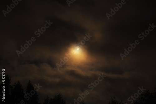 Golden Moonlit Sky with Silhouetted Trees and Clouds