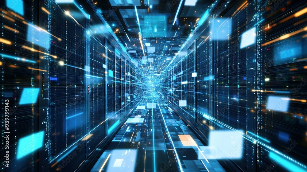 A futuristic digital landscape showcasing a vibrant stream of data flowing through a virtual tunnel of blue and white squares at night A futuristic digital landscape showcasing a vibrant stream of data flowing through a virtual tunnel of blue and white squares at night