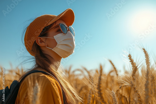 Woman with glasses and Safety Mask from Epidemic in the field of rye or wheat: Protecting Health in a Pandemic. Summer landscape