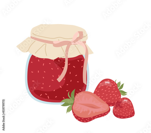 Delicious strawberry jam in canned jug with red fresh ripe berries isolated on white background