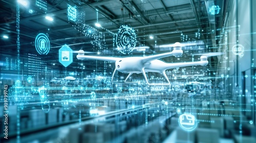 A drone navigates through a modern warehouse equipped with advanced technology and automated systems, showcasing innovative logistics solutions