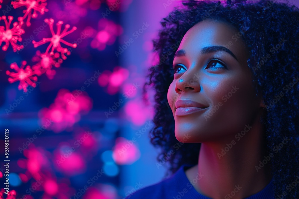 Profile of a woman surrounded by glowing neural elements symbolizing the fusion of creativity and intellect in a vibrant conceptual environment Profile of a woman surrounded by glowing neural elements symbolizing the fusion of creativity and intellect in a vibrant conceptual environment