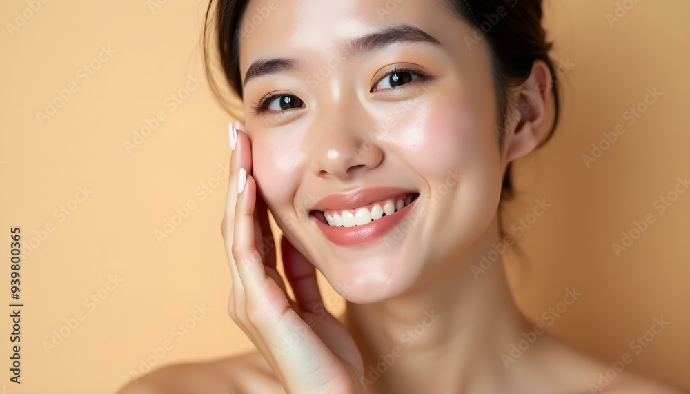 Skincare. Woman with beautiful face touching healthy facial skin portrait. Beautiful smiling Asian girl model with natural makeup enjoys glowing hydrated skin on beige background closeup. High-quality Skincare. Woman with beautiful face touching healthy facial skin portrait. Beautiful smiling Asian girl model with natural makeup enjoys glowing hydrated skin on beige background closeup. High-quality