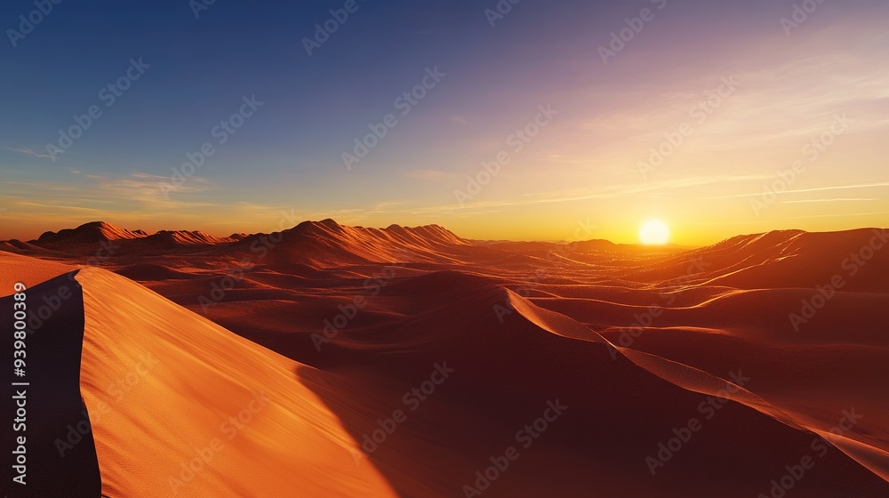 Fototapeta premium Golden sunrise over vast desert dunes with rolling hills and a clear blue sky at dawn