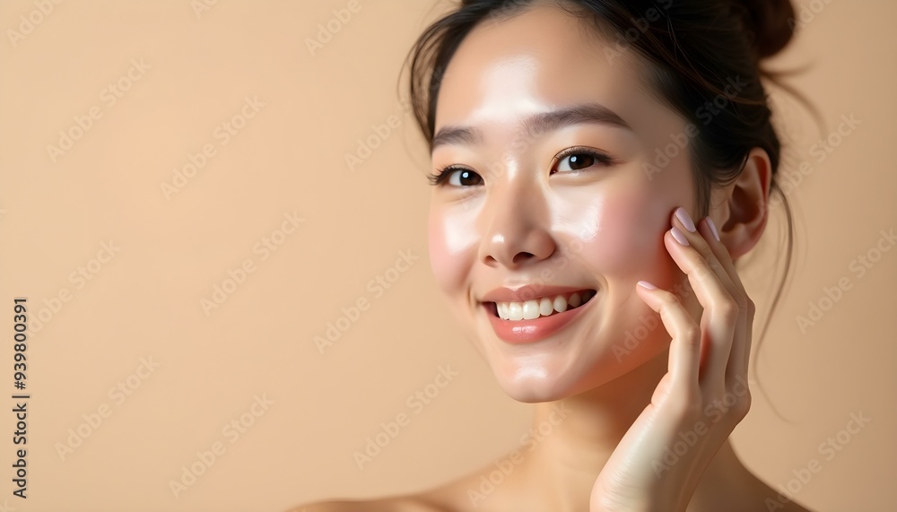 Skincare. Woman with beautiful face touching healthy facial skin portrait. Beautiful smiling Asian girl model with natural makeup enjoys glowing hydrated skin on beige background closeup. High-quality