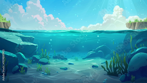 Empty Sea Underwater Scene Environment Cartoon Illustration Deep Blue Sea Ocean Floor No Marine Life Sunlight Filtering Through Water Submerged Rocks and Sand Tranquil Aquatic