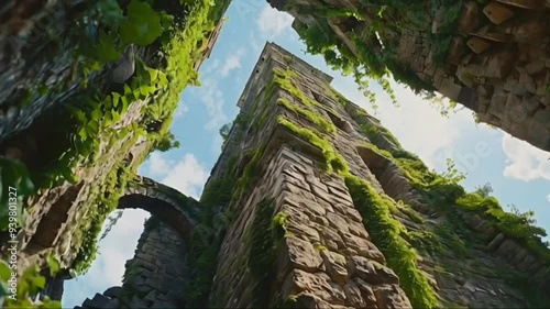 Upward View of Overgrown Medieval Tower Against a Blue Sky photo