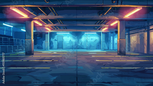 Empty Underground Car Park Interior Featuring Concrete Floors And Walls Fluorescent Lighting Large Open Space With Minimalistic Design And No Vehicles Illustrated Cartoon Style