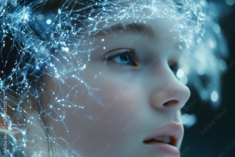 Profile of a young woman with glowing neural elements symbolizing the serenity and clarity of thought in a bright ethereal environment Profile of a young woman with glowing neural elements symbolizing the serenity and clarity of thought in a bright ethereal environment