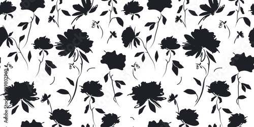 Hand drawn seamless collage of modern floral background. Botanical pattern of abstract flowers and leaves of black silhouettes and strokes. Print for wallpaper, summer fabric, bed linen, textiles