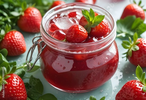 Close-up of the strawberries in the pink strawberry jam, ice cubes and green leaves scattered on top. The color is bright red and very attractive, and you can see all kinds of fresh fruits inside the 