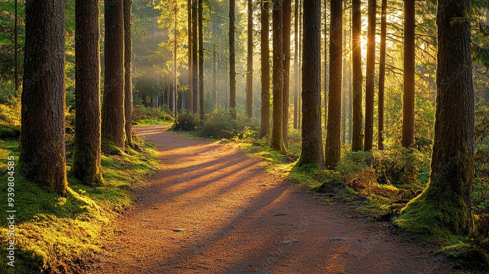 A peaceful forest pathway bathed in golden sunlight during early morning, highlighting tall trees and serene surroundings A peaceful forest pathway bathed in golden sunlight during early morning, highlighting tall trees and serene surroundings