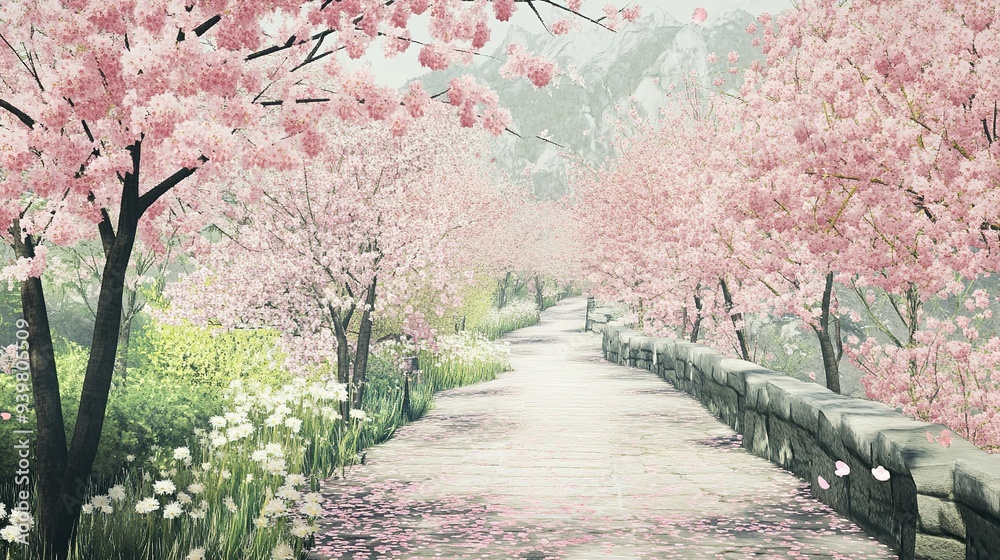 A serene spring walkway lined with cherry blossom trees beside a gentle stone pathway in a tranquil landscape A serene spring walkway lined with cherry blossom trees beside a gentle stone pathway in a tranquil landscape