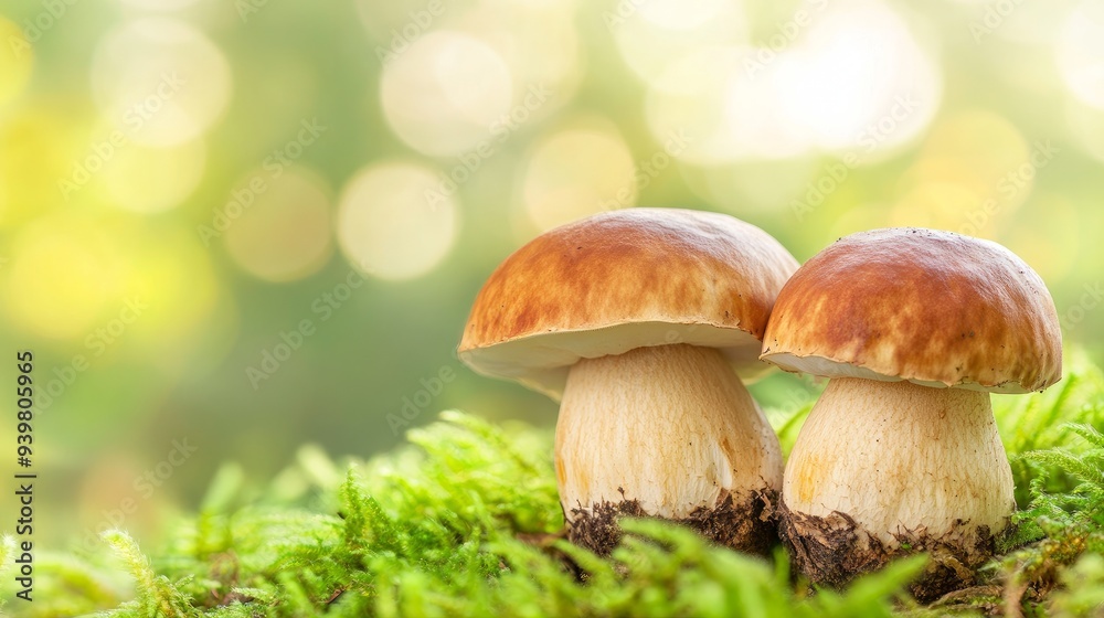 A close-up view of two incredible edible mushrooms, Boletus reticulatus, also called summer ceps. background blurring combined with copy space. Europe's Czech Republic A close-up view of two incredible edible mushrooms, Boletus reticulatus, also called summer ceps. background blurring combined with copy space. Europe's Czech Republic
