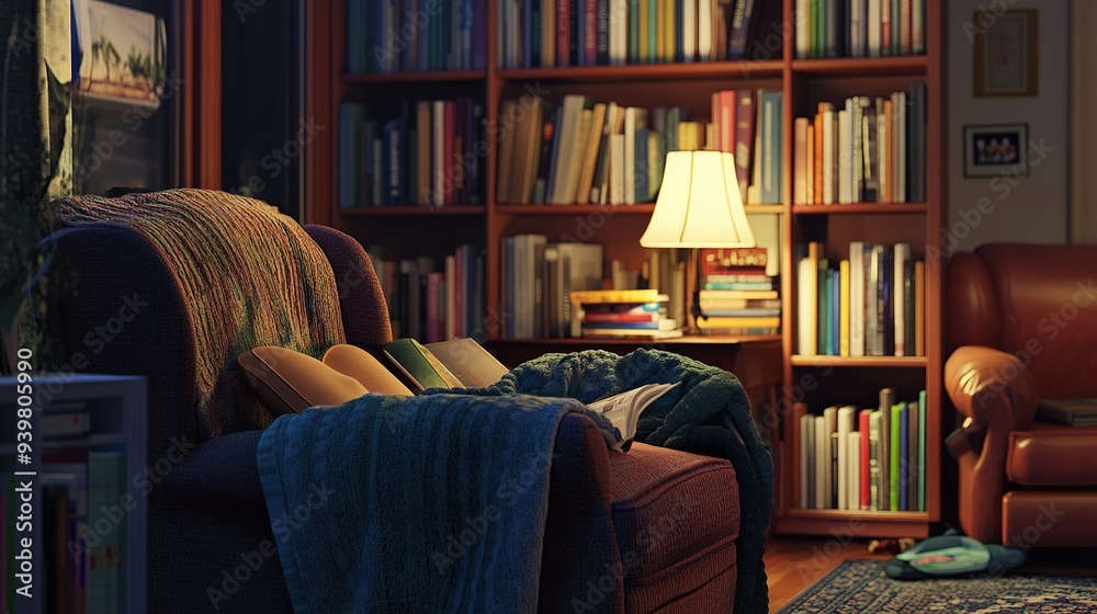 Cozy reading nook with warm lighting, comfortable chairs, and a well-stocked bookshelf in the evening